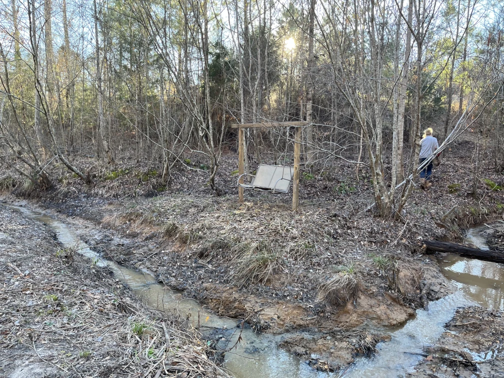 Swing in front of a creek.